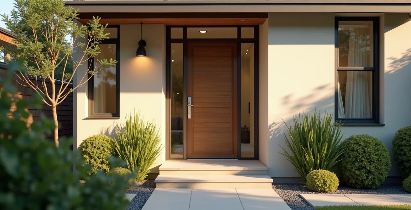 Maison moderne avec une belle porte d'entrée neuve, symbolisant la valorisation du patrimoine immobilier