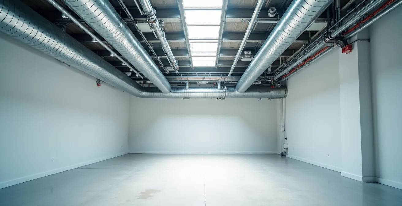 Architecture complexe d'un bâtiment tertiaire moderne montrant les systèmes techniques